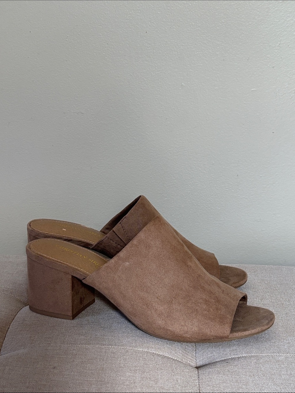 Christian Siriano Tan Suede Open-Toe Block Heel Mules